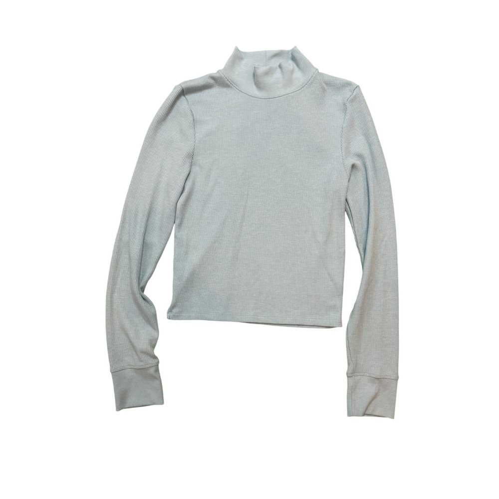 American Eagle Waffle Knit Mock Neck Top Light Blue Cropped Long Sleeve Large